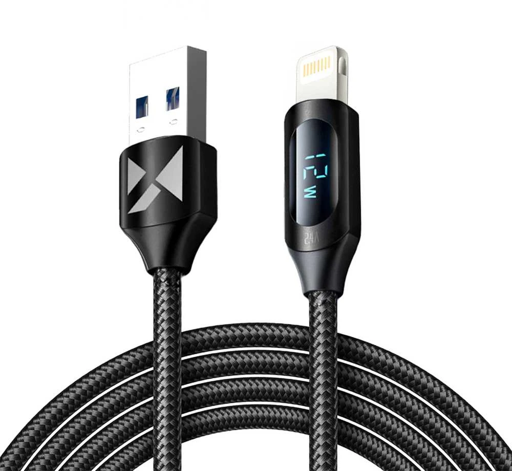USB-A kabelis – Lightning Wozinsky WUALC2 su LED ekranu 2.4A 2m – juodos spalvos