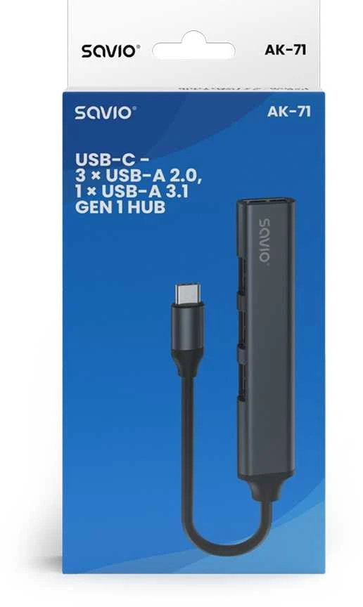 USB adapteriai – Savio AK-70 3 × USB-A 2.0, 1 × USB-A 3.1 Gen 1, 4 viename, 5 Gbps