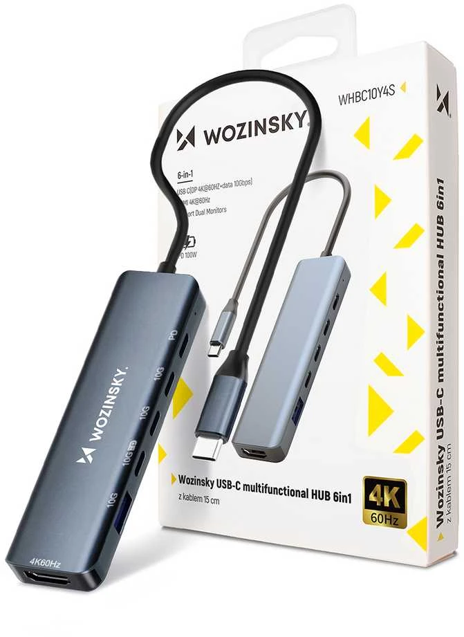USB-C 6 viename šakotuvas Wozinsky WHBC10Y4S daugiafunkcis, aliuminio, su 25 cm laidu · pilkas