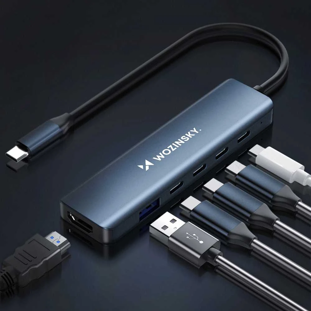 USB-C 6 viename šakotuvas Wozinsky WHBC10Y4S daugiafunkcis, aliuminio, su 25 cm laidu · pilkas