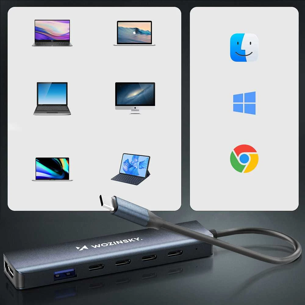 USB-C 6 viename šakotuvas Wozinsky WHBC10Y4S daugiafunkcis, aliuminio, su 25 cm laidu · pilkas