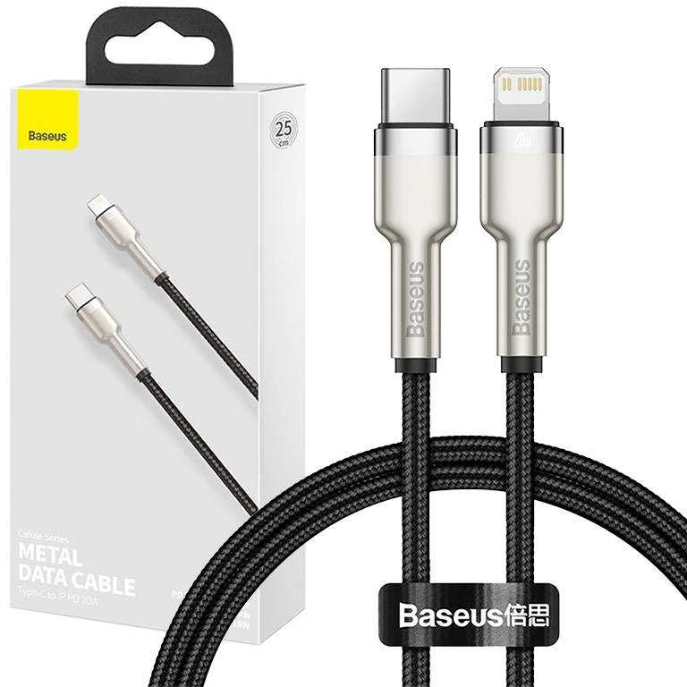 Baseus Cafule Metalinis duomenų kabelis USB Type C/ Lightning - 20W Maitinimas 0.25m, Juodas (Juodas)