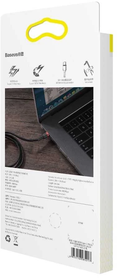Kabelis Baseus USB2.0 C-USB C kištukas 1 m, su nailoniniu šarvu Cafule, raudonas/juodas