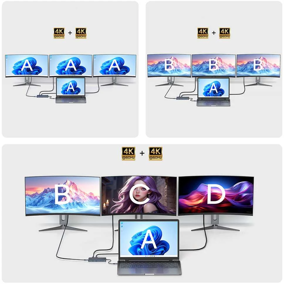 USB-C šakotuvas 14-in-1 Wozinsky WDS03Y5S daugiafunkcis, aliuminis, 3 monitoriams, su 15 cm laidu – pilkas