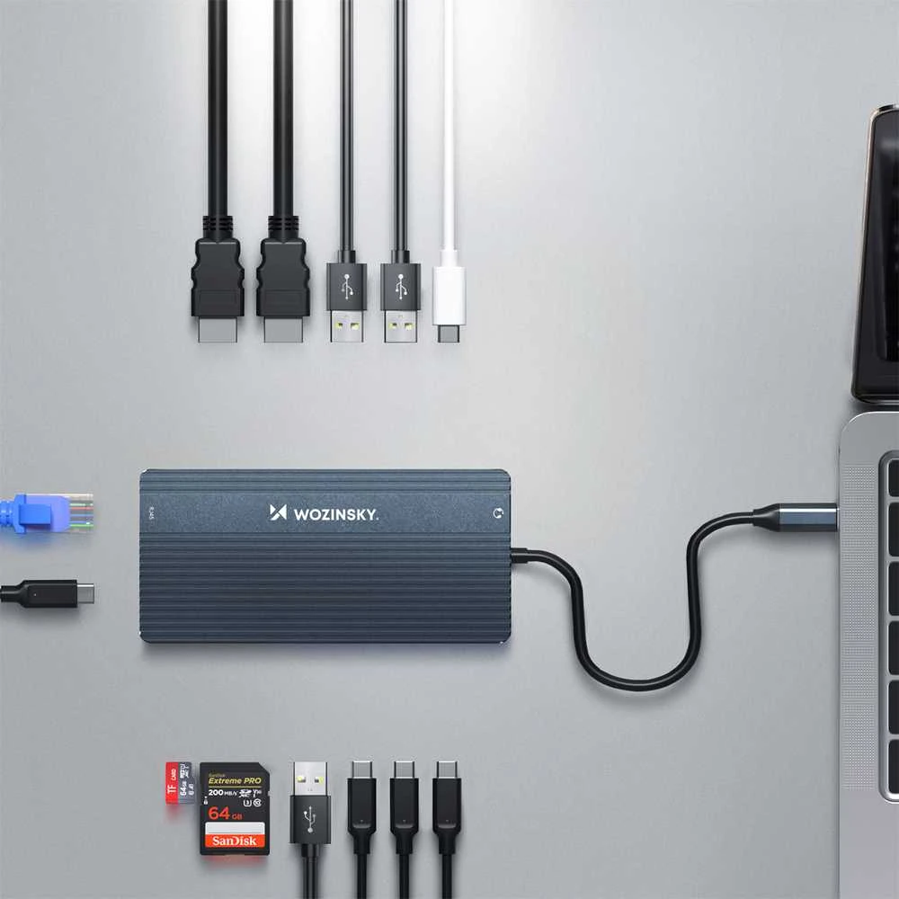 USB-C šakotuvas 14-in-1 Wozinsky WDS03Y5S daugiafunkcis, aliuminis, 3 monitoriams, su 15 cm laidu – pilkas