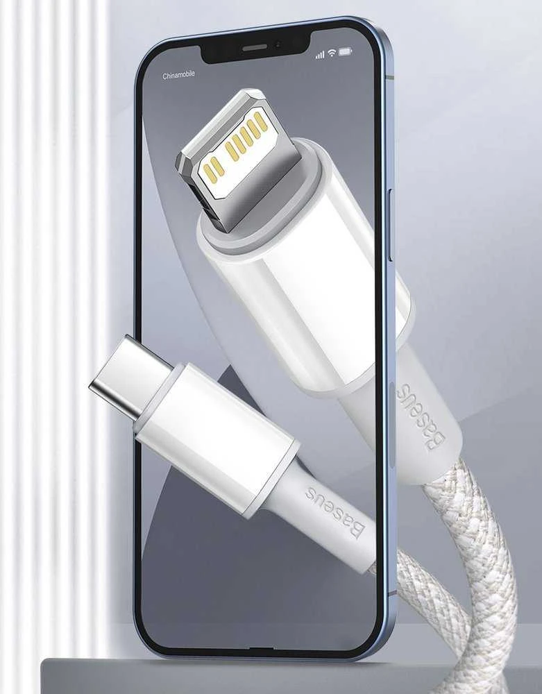 „Baseus“ didelio tankio pintas greito įkrovimo duomenų kabelis Type-C iki Lightning PD 20W 2m Baltas (Baltas)
