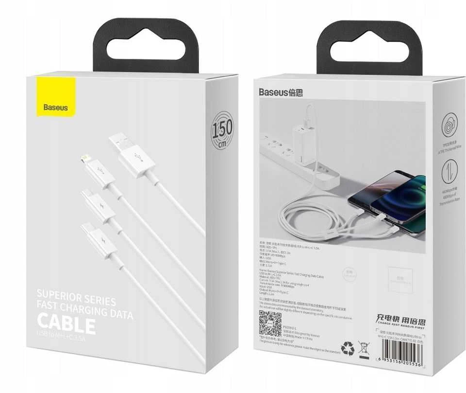 Kabelis Baseus Superior iš USB į microUSB+Lightning+Type-C 3.5A 1.5m baltas CAMLTYS-02