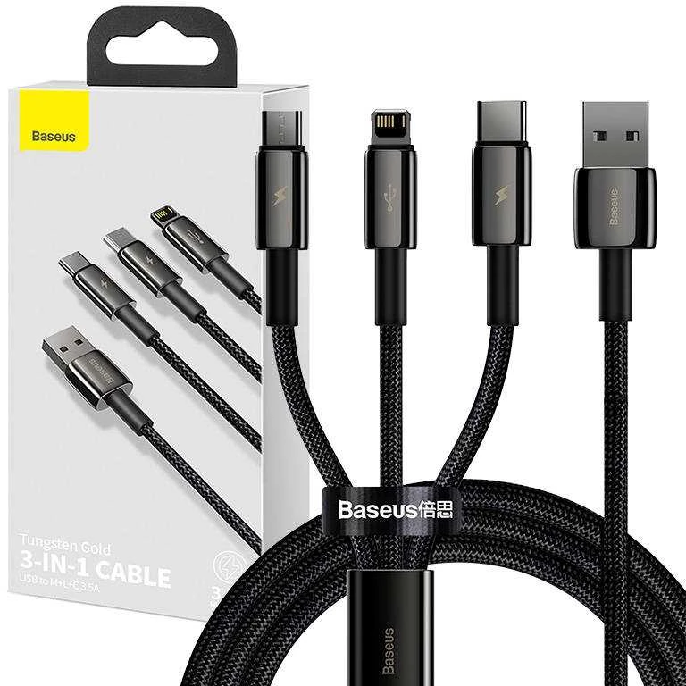 USB kabelis 3in1 Baseus Tungsten Gold USB micro USB / USB-C / Lightning 3.5A 1.5m - Juodas
