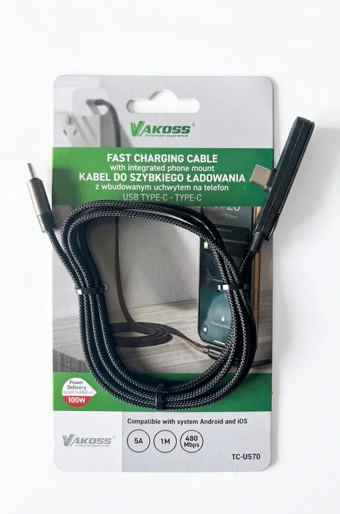 Vakoss TC-U570 USB-C to USB-C Cable with Stand Function, 100W, 1m, Juodas