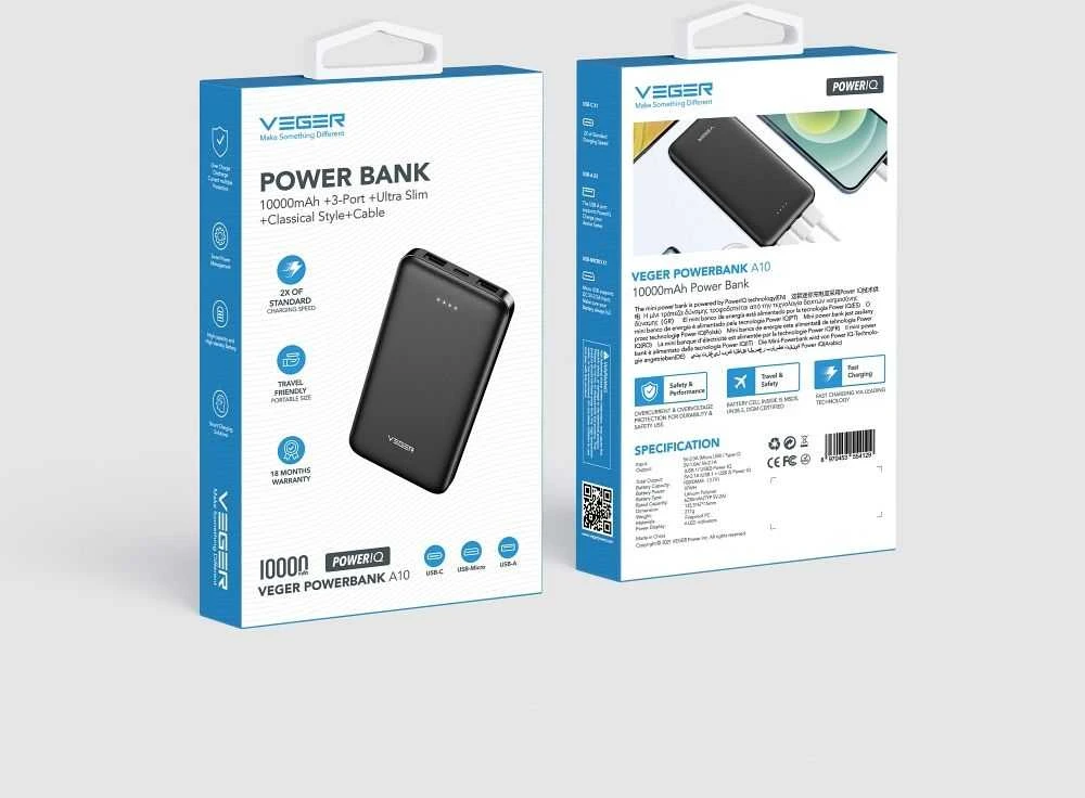 Powerbank Veger A10 (W1065) 2A 10000 mAh juodas