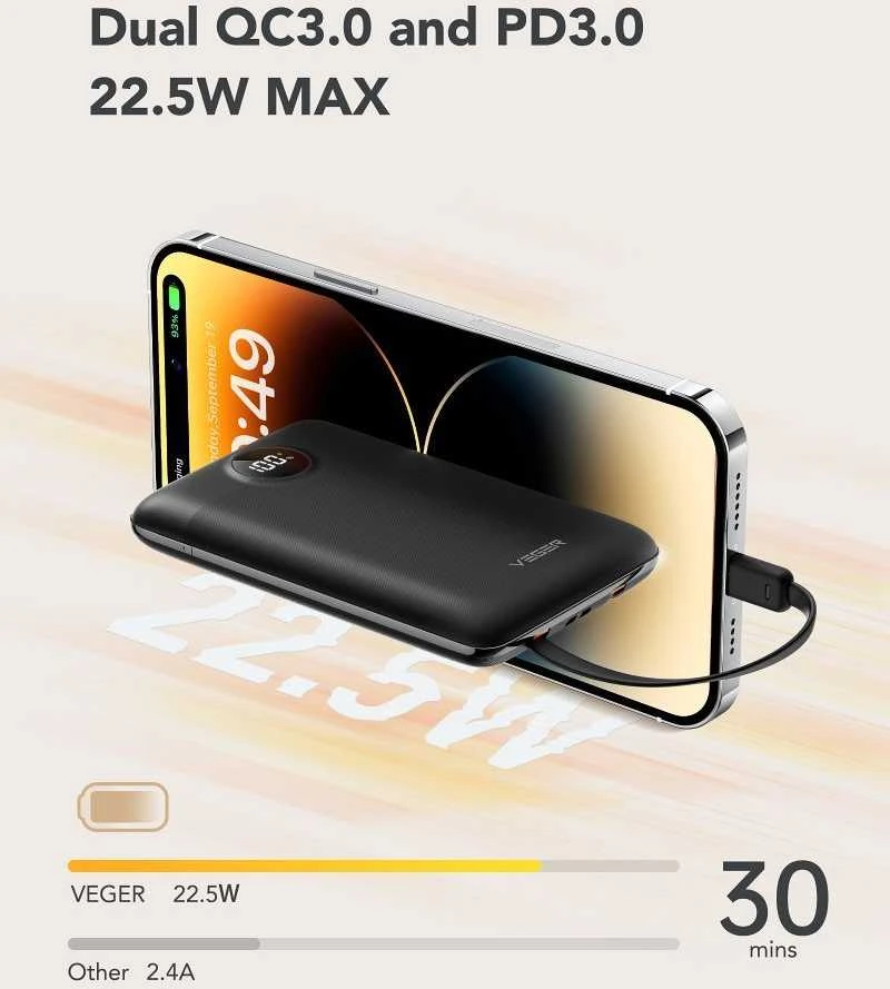 Nešiojamoji baterija Veger C11 (W1170) PD QC3.0 2A 22,5W 10000 mAh su integruotais laidais USB C / Lightning juodas