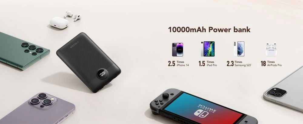 Nešiojamoji baterija Veger C11 (W1170) PD QC3.0 2A 22,5W 10000 mAh su integruotais laidais USB C / Lightning juodas