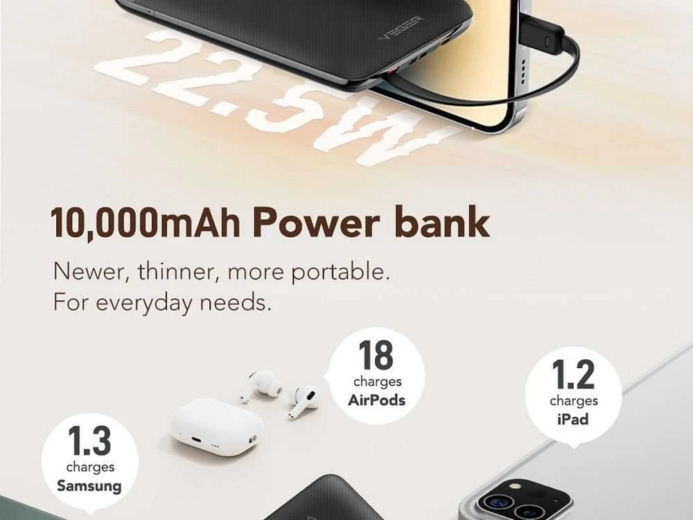 Nešiojamoji baterija Veger C11 (W1170) PD QC3.0 2A 22,5W 10000 mAh su integruotais laidais USB C / Lightning juodas