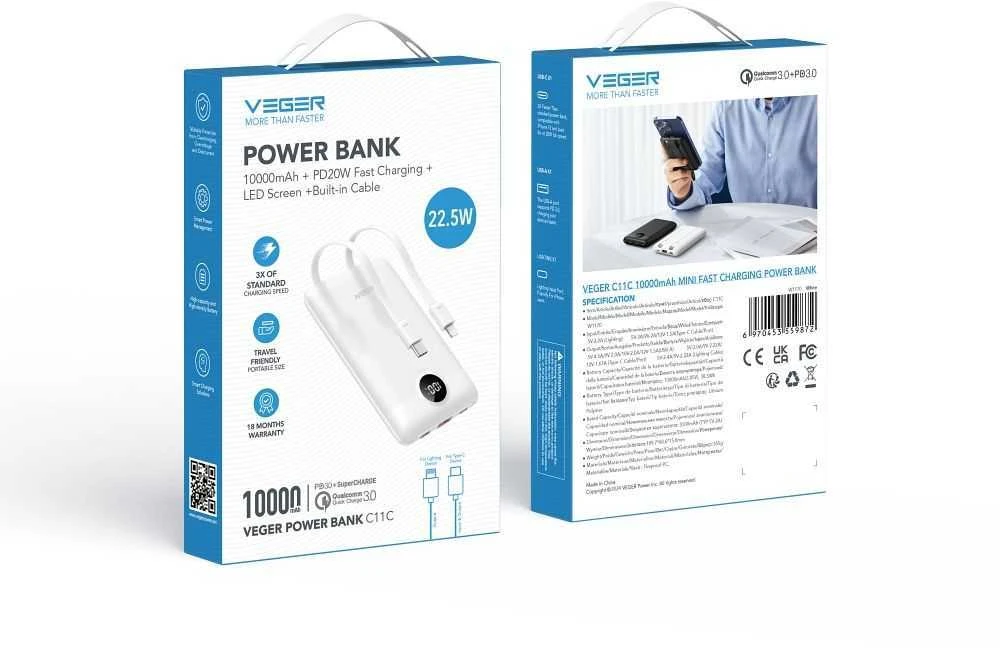 Nešiojamoji baterija Veger C11 (W1170) PD QC3.0 2A 22,5W 10000 mAh su integruotu USB C laidu / Lightning jungtimi