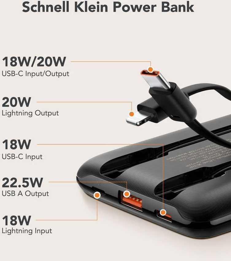 Nešiojamoji baterija Veger C11 (W1170) PD QC3.0 2A 22,5W 10000 mAh su integruotais laidais USB C / Lightning juodas