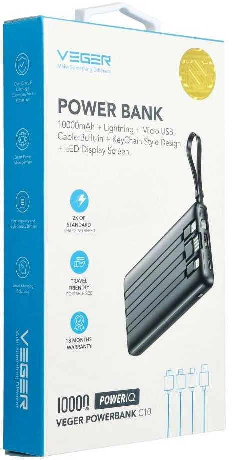 Išorinė baterija POWER BANK VEGER C10 10000mAh (USB,USB-A,Type-C,MicroUSB,lightning) juoda