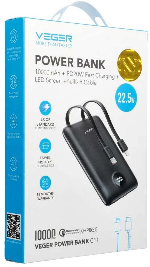 Nešiojamoji baterija Veger C11 (W1170) PD QC3.0 2A 22,5W 10000 mAh su integruotais laidais USB C / Lightning juodas