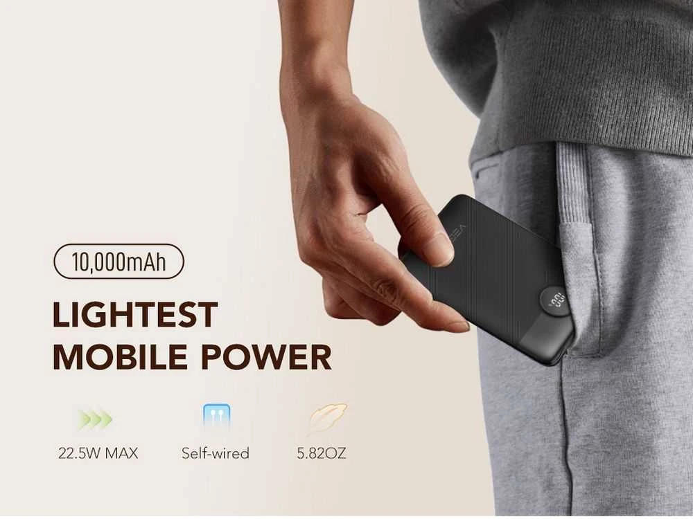 Nešiojamoji baterija Veger C11 (W1170) PD QC3.0 2A 22,5W 10000 mAh su integruotais laidais USB C / Lightning juodas