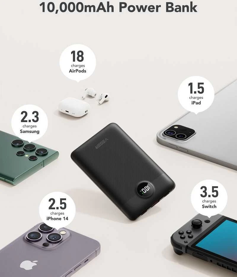 Nešiojamoji baterija Veger C11 (W1170) PD QC3.0 2A 22,5W 10000 mAh su integruotais laidais USB C / Lightning juodas