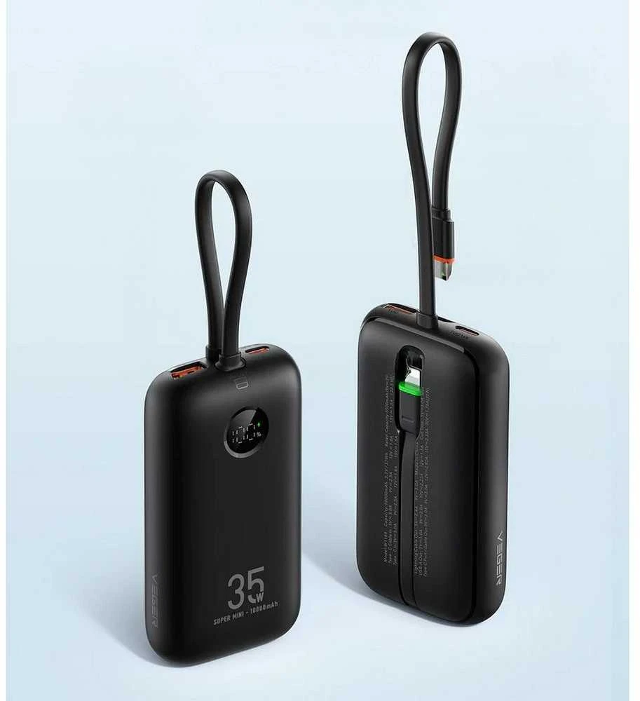 Išorinė baterija Veger K1 (W1188) PD QC3.0 35W 10000 mAh su integruotais C tipo laidais / Lightning juoda