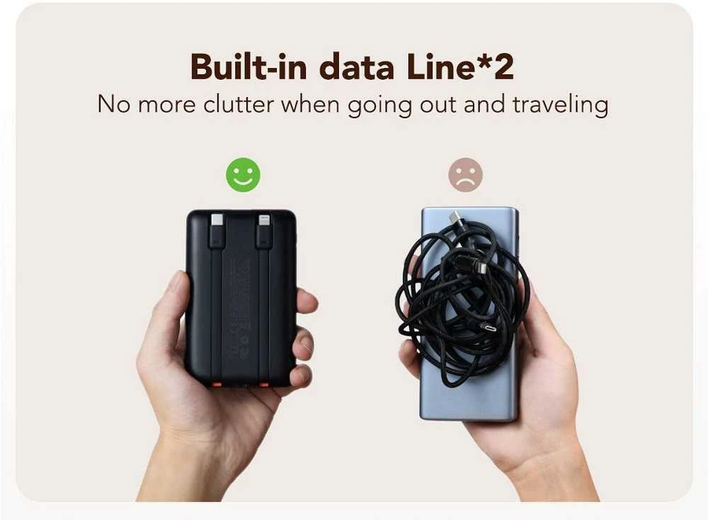 Nešiojamoji baterija Veger C11 (W1170) PD QC3.0 2A 22,5W 10000 mAh su integruotais laidais USB C / Lightning juodas