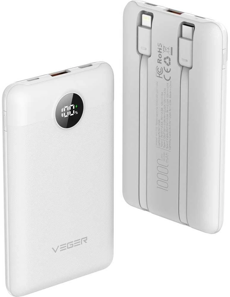 Nešiojamoji baterija Veger C11 (W1170) PD QC3.0 2A 22,5W 10000 mAh su integruotu USB C laidu / Lightning jungtimi