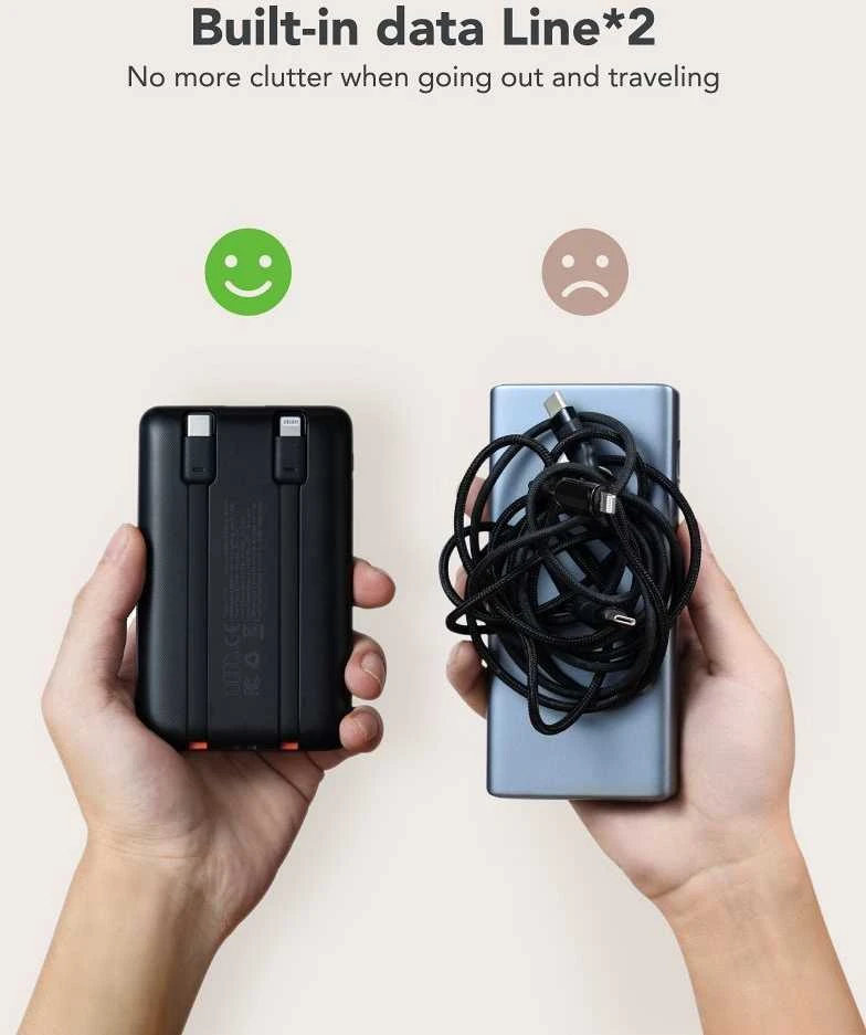 Nešiojamoji baterija Veger C11 (W1170) PD QC3.0 2A 22,5W 10000 mAh su integruotais laidais USB C / Lightning juodas