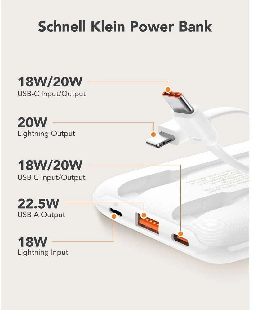 Nešiojamoji baterija Veger C11 (W1170) PD QC3.0 2A 22,5W 10000 mAh su integruotu USB C laidu / Lightning jungtimi