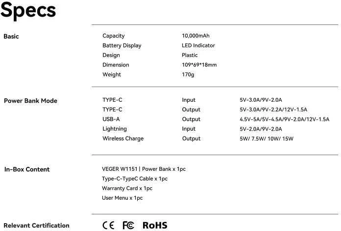 Išorinė baterija POWER BANK VEGER (VP1151) 10000mAh su belaidžiu įkrovikliu (Magsafe 15W) balta