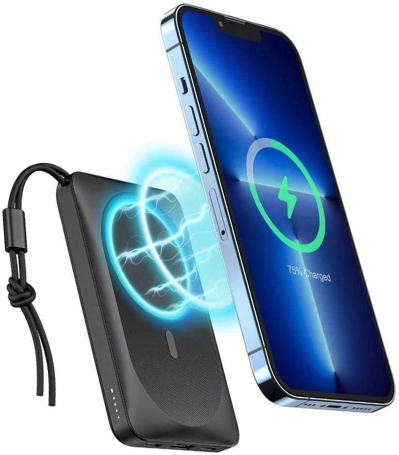 Nešiojamoji baterija, suderinama su „MagSafe Veger MagOn“ (VP1151 / W1151) PD QC3.0 2A 20W 10000 mAh, su belaidžiu įkrovimu, juoda