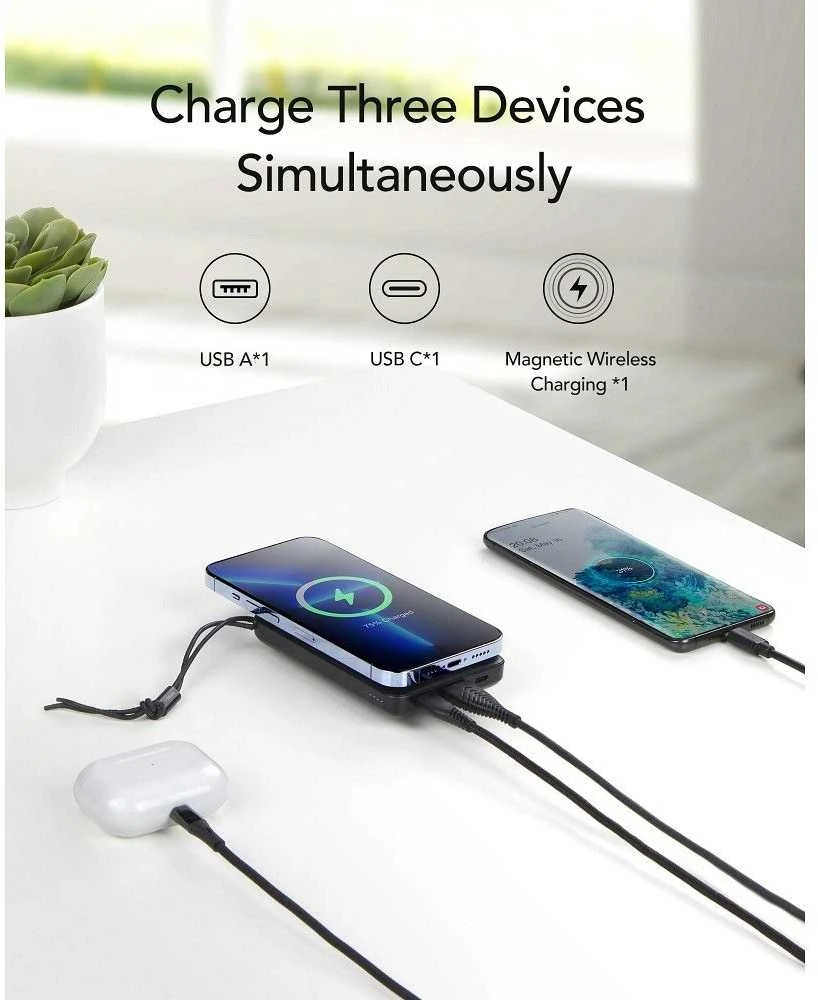 Nešiojamoji baterija, suderinama su „MagSafe Veger MagOn“ (VP1151 / W1151) PD QC3.0 2A 20W 10000 mAh, su belaidžiu įkrovimu, juoda