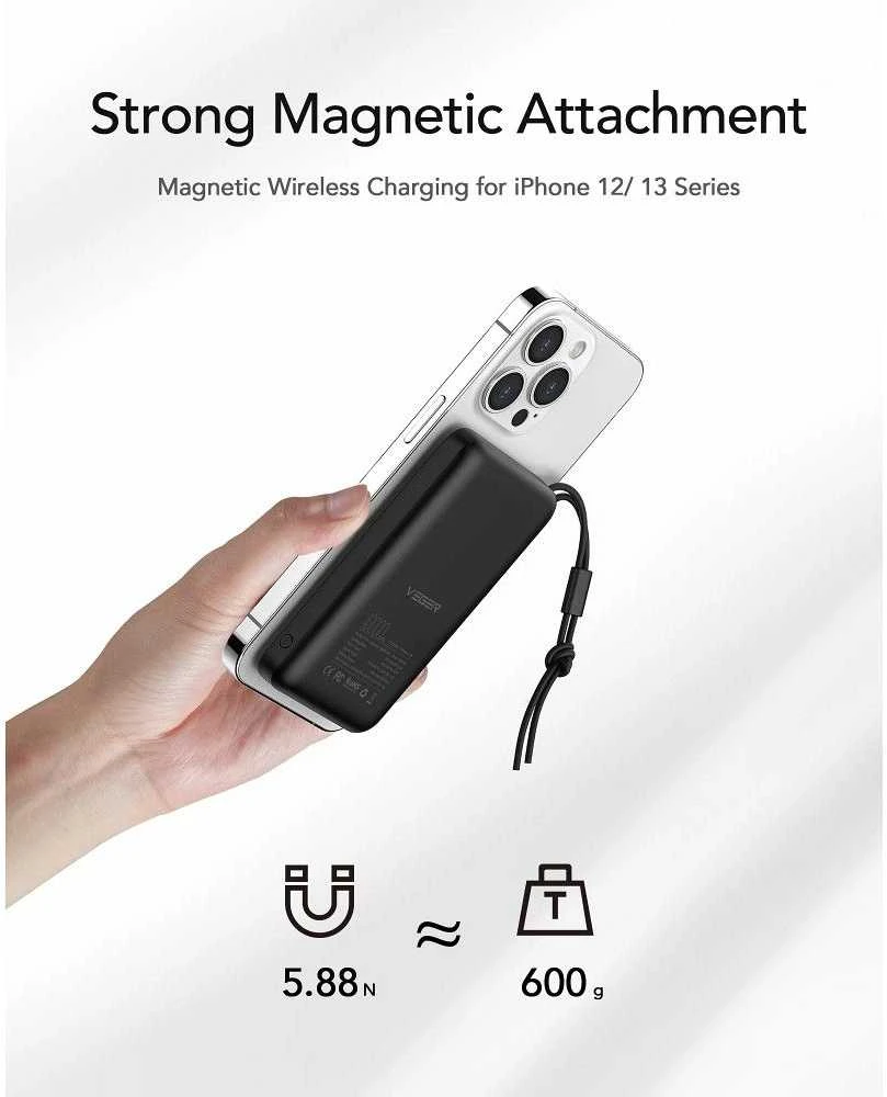 Nešiojamoji baterija, suderinama su „MagSafe Veger MagOn“ (VP1151 / W1151) PD QC3.0 2A 20W 10000 mAh, su belaidžiu įkrovimu, juoda