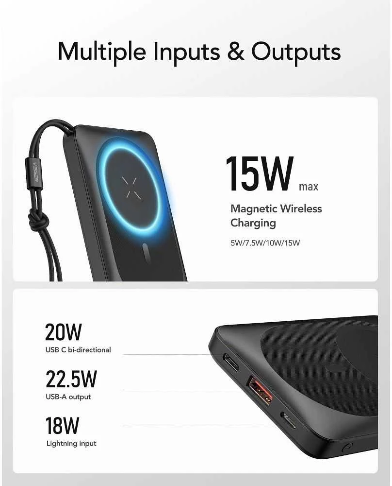 Nešiojamoji baterija, suderinama su „MagSafe Veger MagOn“ (VP1151 / W1151) PD QC3.0 2A 20W 10000 mAh, su belaidžiu įkrovimu, juoda