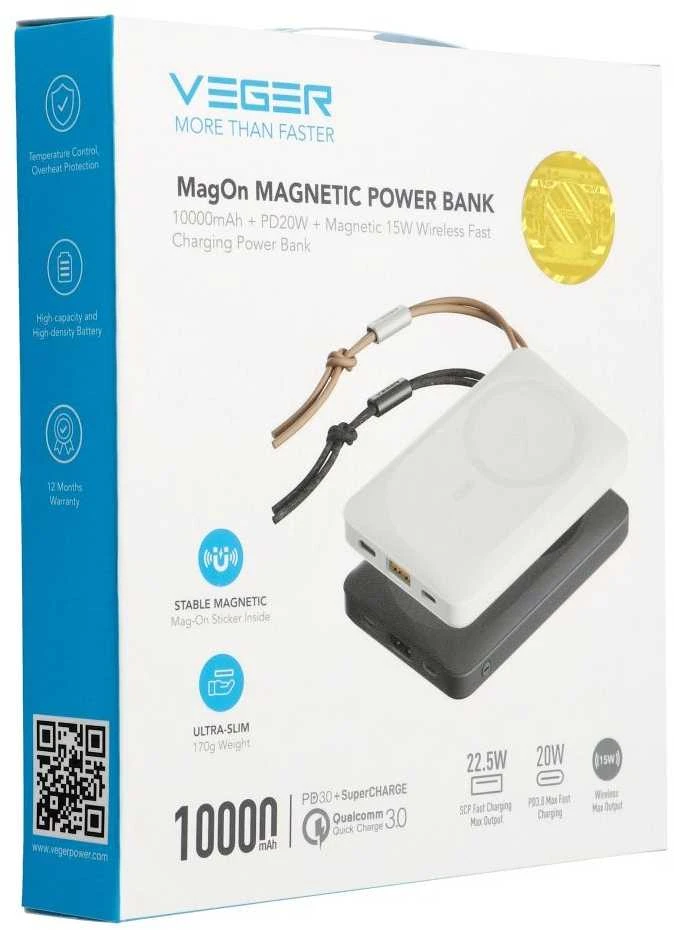 Išorinė baterija POWER BANK VEGER (VP1151) 10000mAh su belaidžiu įkrovikliu (Magsafe 15W) balta