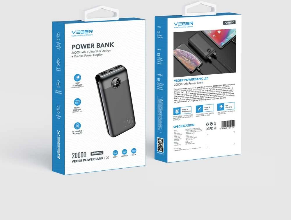 Išorinė baterija POWER BANK VEGER (L20S) 20000mAh (2xUSB; 1xType-C; QC3.0 20W) juoda