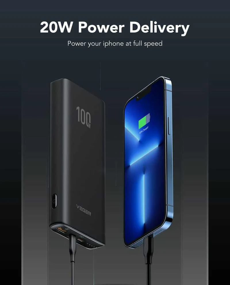 Powerbank Veger T100 (W2032C-100) PD QC3.0 5A 100W 20000 mAh juodas