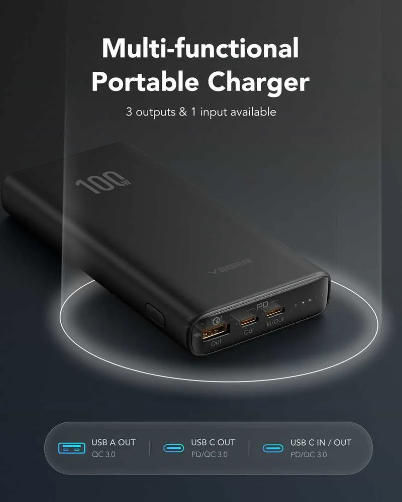 Powerbank Veger T100 (W2032C-100) PD QC3.0 5A 100W 20000 mAh juodas