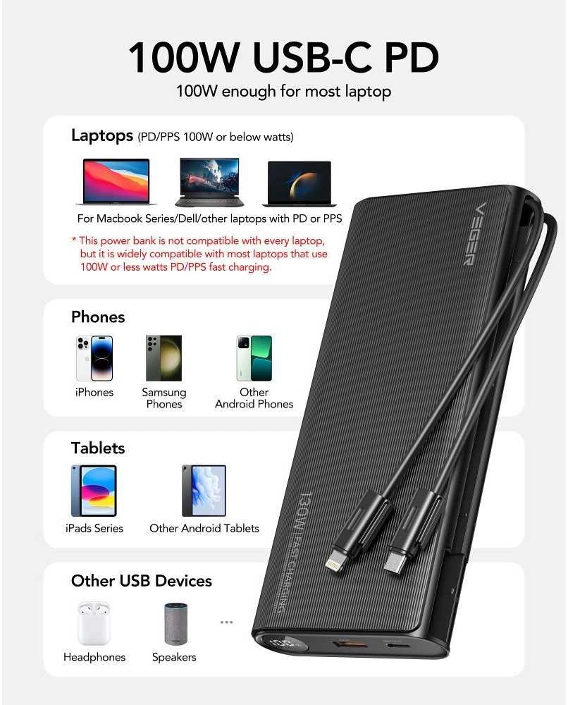 Nešiojamoji baterija Veger TCE130 (W2503) PD 130W 25000 mAh su integruotais C tipo laidais / Lightning juodas