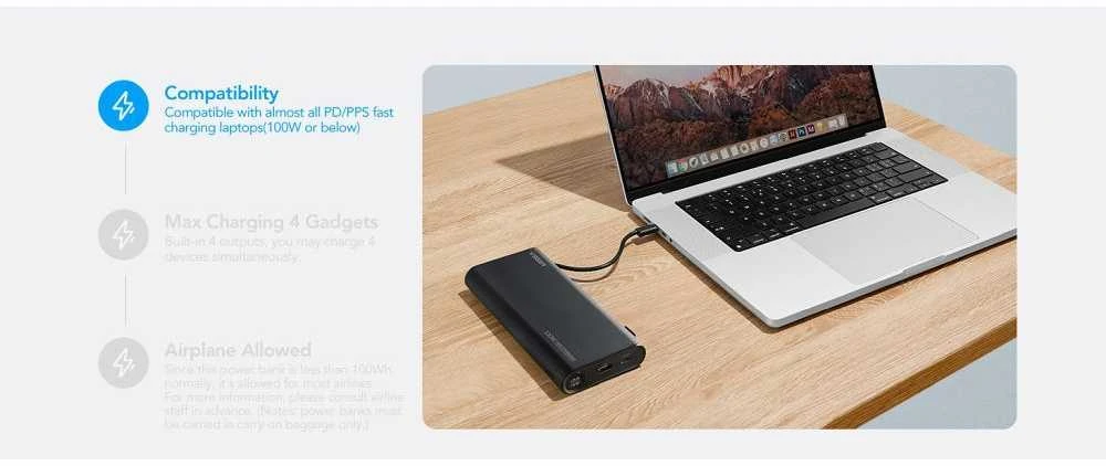 Nešiojamoji baterija Veger TCE130 (W2503) PD 130W 25000 mAh su integruotais C tipo laidais / Lightning juodas