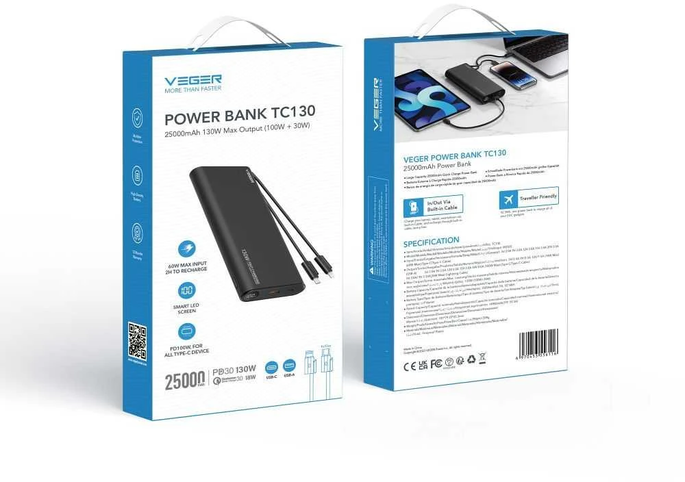 Nešiojamoji baterija Veger TCE130 (W2503) PD 130W 25000 mAh su integruotais C tipo laidais / Lightning juodas