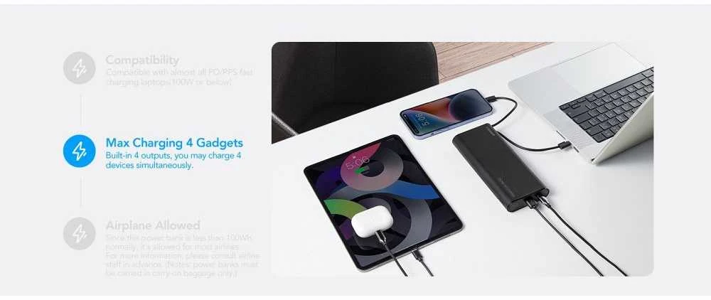 Nešiojamoji baterija Veger TCE130 (W2503) PD 130W 25000 mAh su integruotais C tipo laidais / Lightning juodas