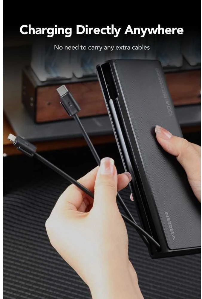 Nešiojamoji baterija Veger TCE130 (W2503) PD 130W 25000 mAh su integruotais C tipo laidais / Lightning juodas