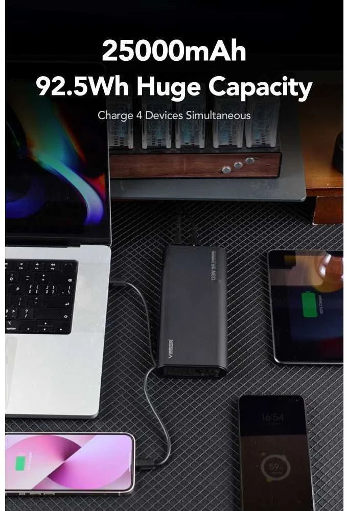 Nešiojamoji baterija Veger TCE130 (W2503) PD 130W 25000 mAh su integruotais C tipo laidais / Lightning juodas