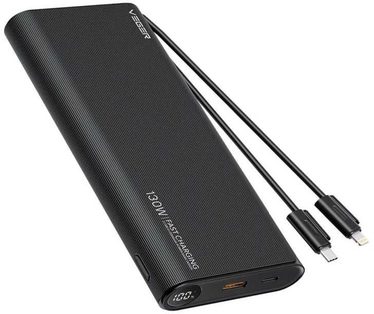 Nešiojamoji baterija Veger TCE130 (W2503) PD 130W 25000 mAh su integruotais C tipo laidais / Lightning juodas