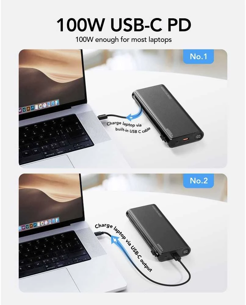 Nešiojamoji baterija Veger TCE130 (W2503) PD 130W 25000 mAh su integruotais C tipo laidais / Lightning juodas