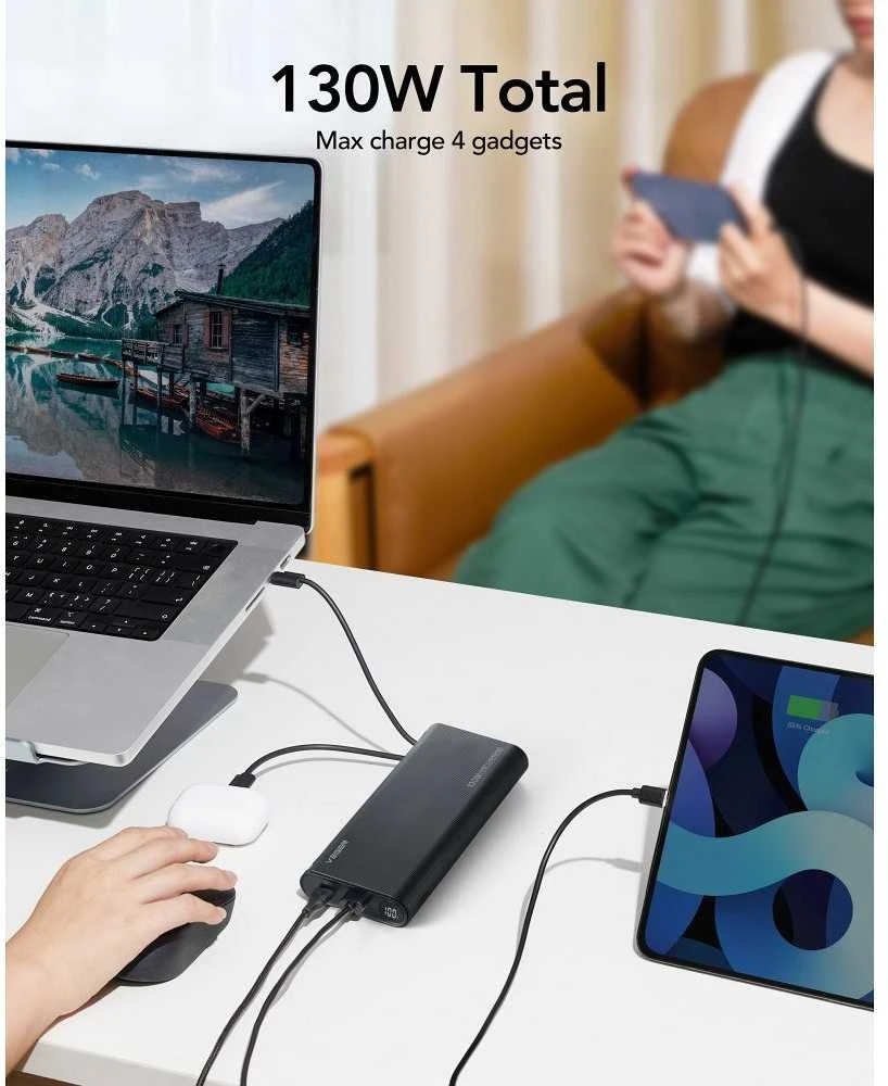 Nešiojamoji baterija Veger TCE130 (W2503) PD 130W 25000 mAh su integruotais C tipo laidais / Lightning juodas