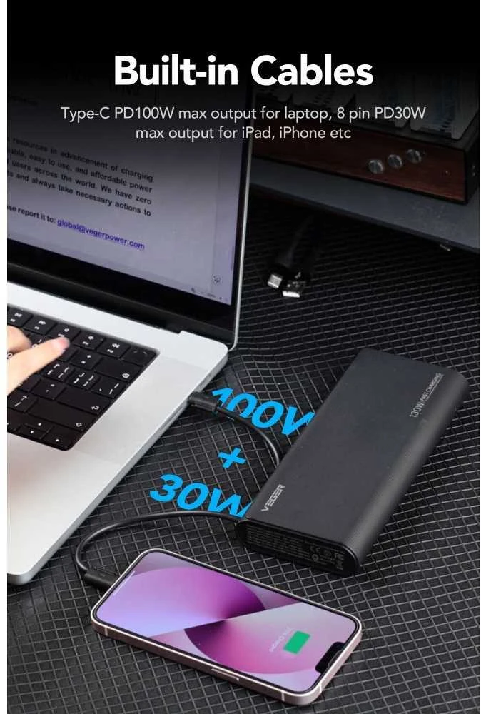 Nešiojamoji baterija Veger TCE130 (W2503) PD 130W 25000 mAh su integruotais C tipo laidais / Lightning juodas