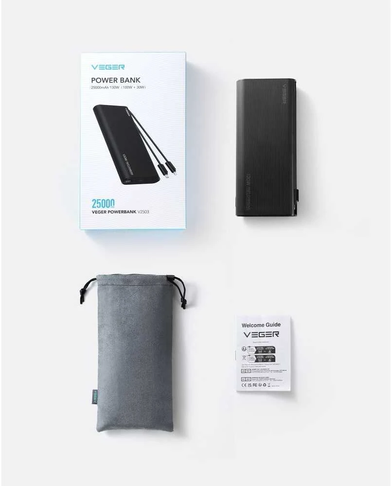 Nešiojamoji baterija Veger TCE130 (W2503) PD 130W 25000 mAh su integruotais C tipo laidais / Lightning juodas