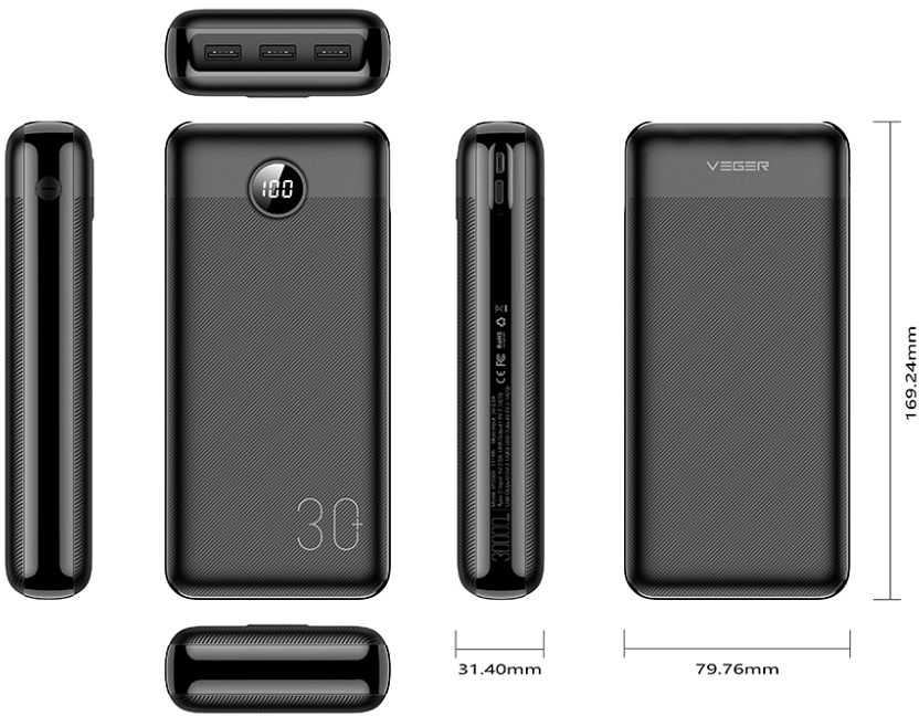 Išorinė baterija POWER BANK VEGER (W3008PD) 30000mAh (3xUSB; 1xType-C; QC3.0 20W) juoda