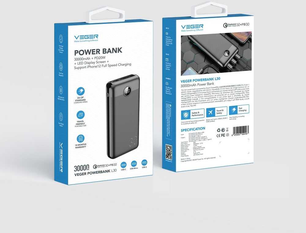 Išorinė baterija POWER BANK VEGER (W3008PD) 30000mAh (3xUSB; 1xType-C; QC3.0 20W) juoda